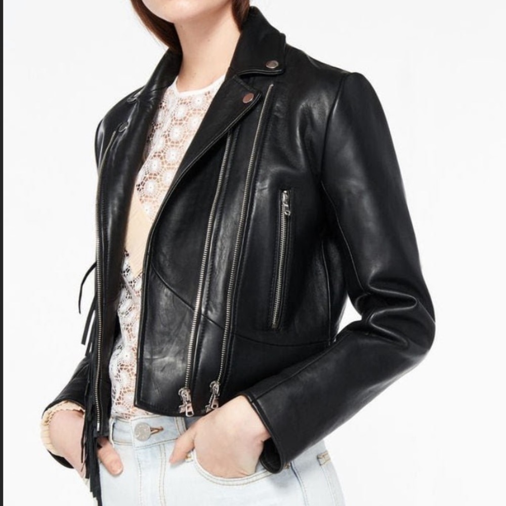Sandro Fringe Trim Leather Jacket